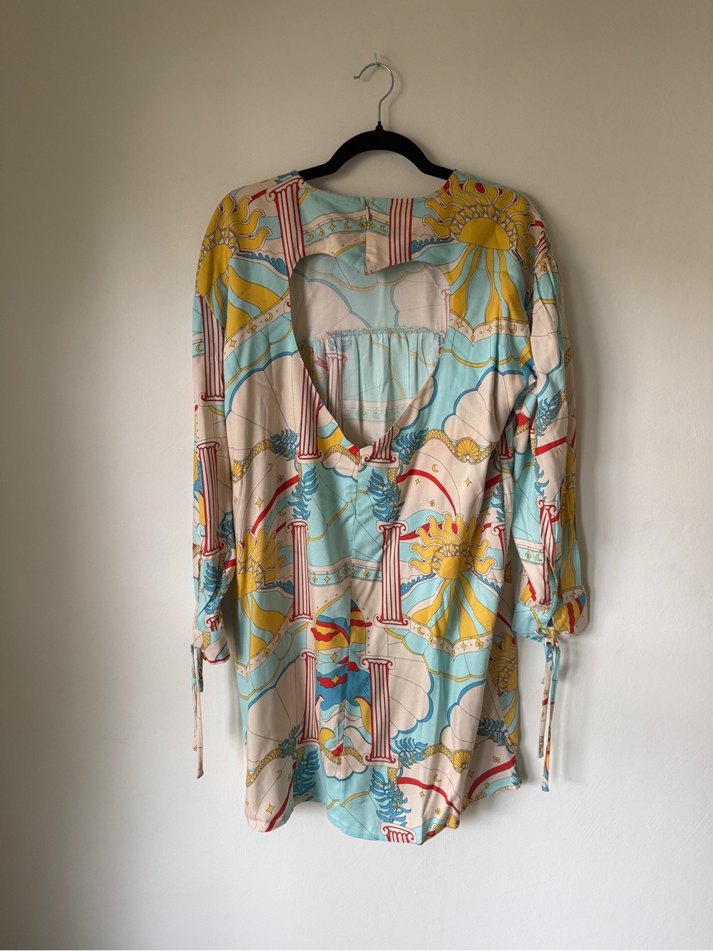NWT Native Youth Celestial Greek Print Long Sleeve Open Back Mini Dress XS